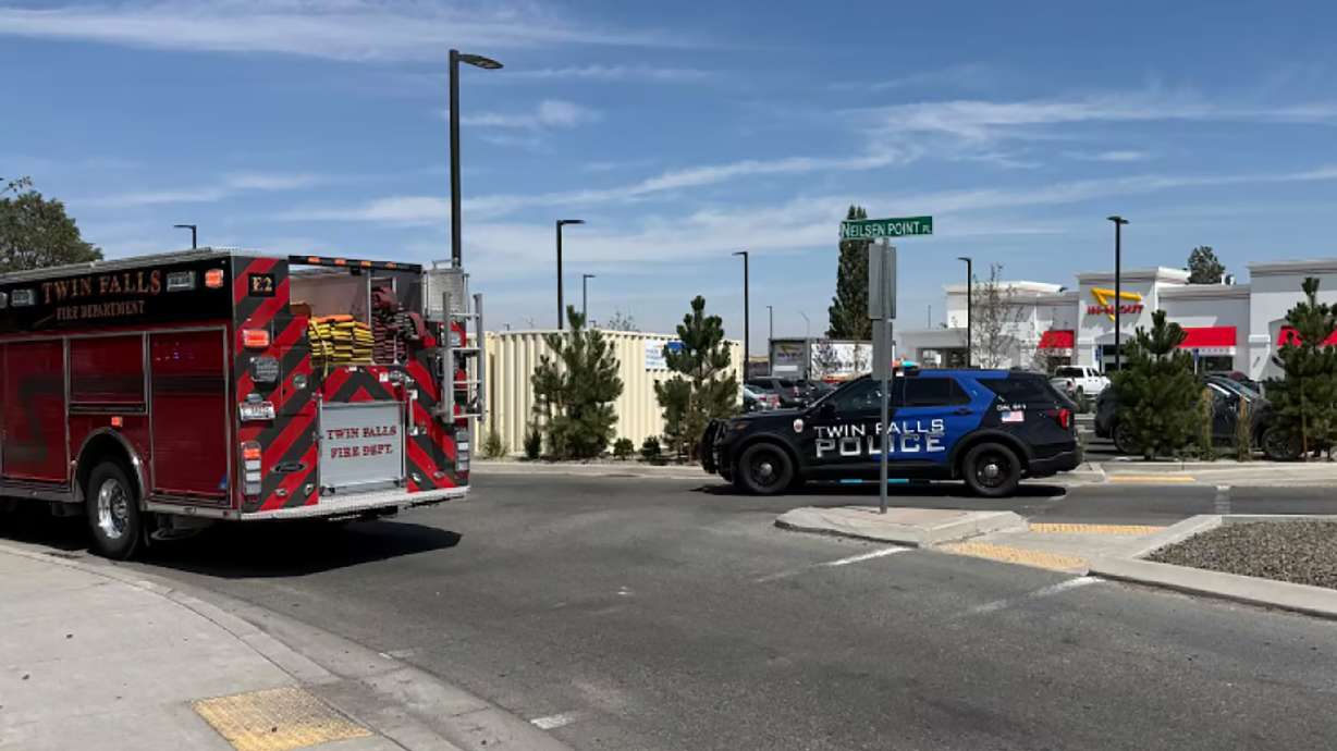 This image provided by KMVT shows the scene of a shooting that started at an In-N-Out Burger restaurant, Saturday in Twin Falls, Idaho.
