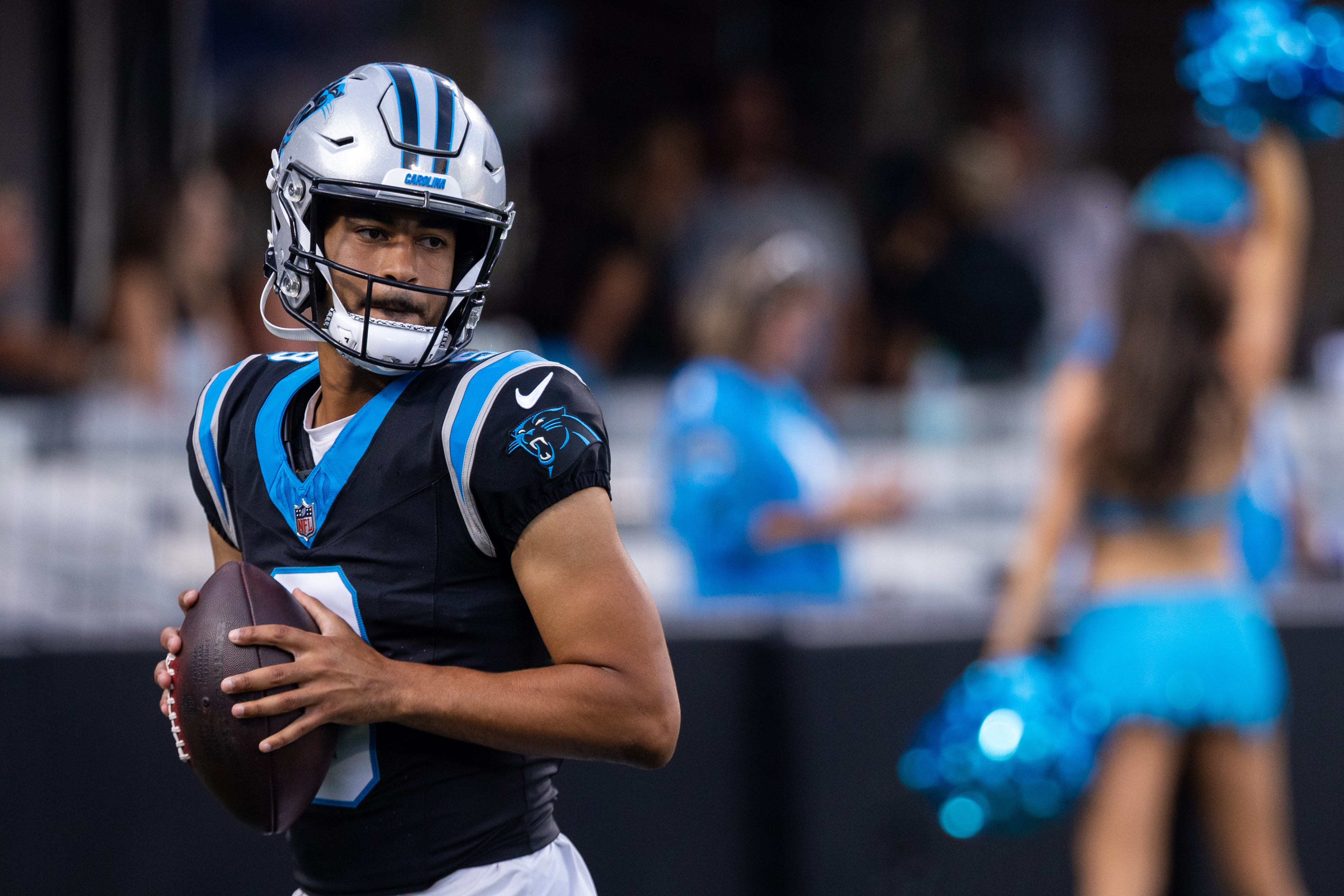 Carolina Panthers quarterback Bryce Young (9) warms up during the NFL football team's fan fest Friday, July 31, 2026, in Charlotte, N.C. 