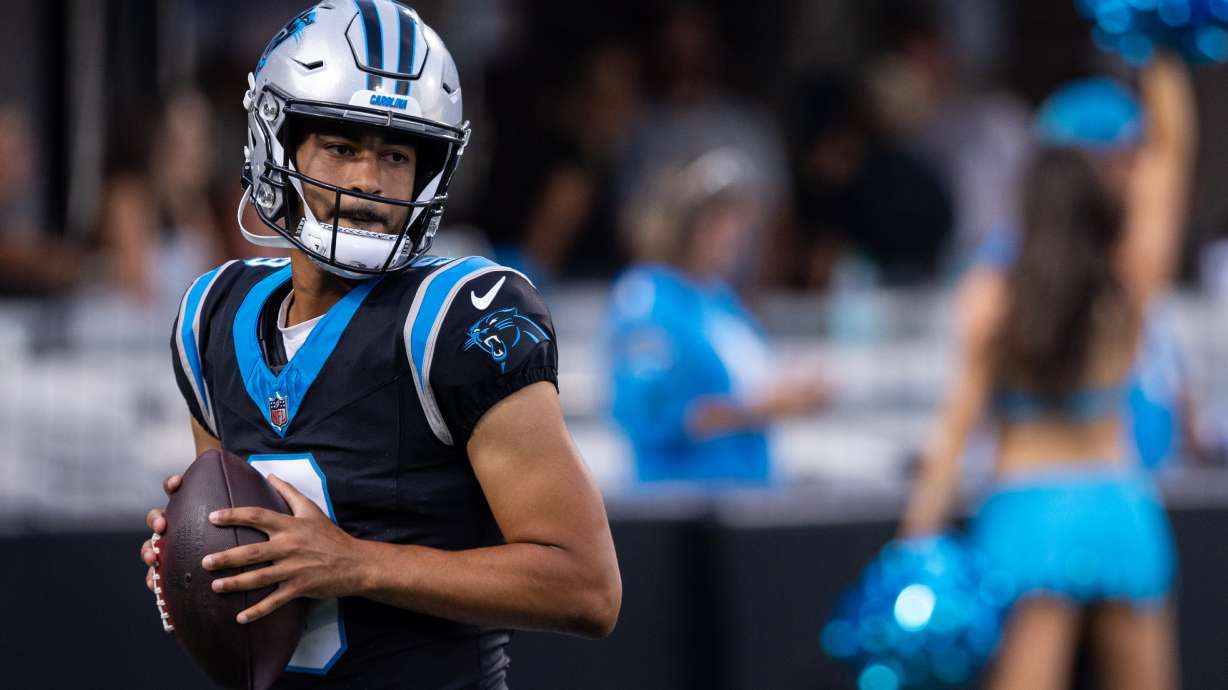 Carolina Panthers quarterback Bryce Young (9) warms up during the NFL football team's fan fest Friday, July 31, 2026, in Charlotte, N.C.