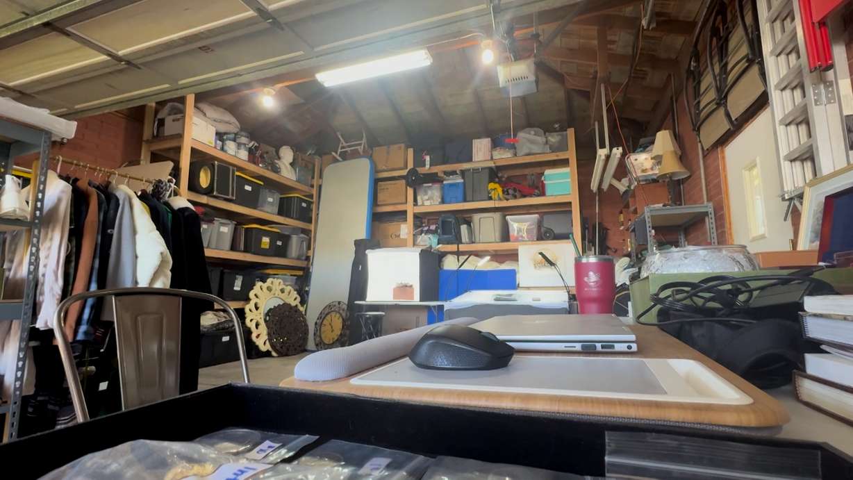 Kristen Ingham has transformed part of her garage into a workspace for storing, photographing and listing merchandise through Salt Lake Resellers.