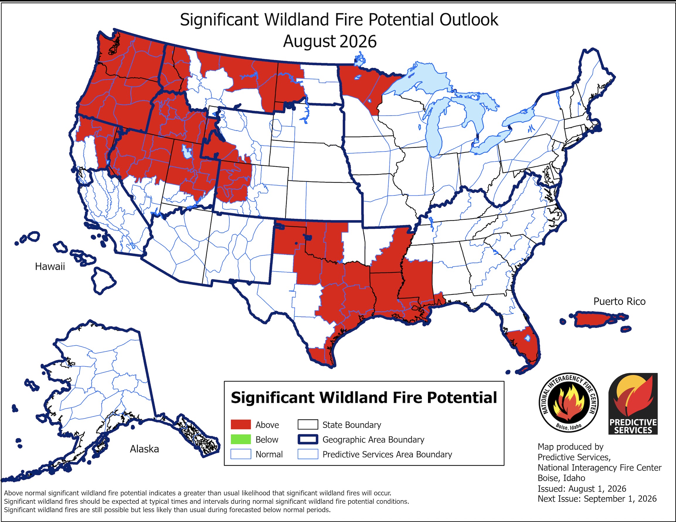 A map of projected fire potential in the U.S. for August. Most of central and northern Utah is listed as having above-normal fire risk this month.
