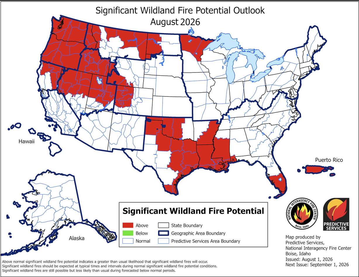 A map of projected fire potential in the U.S. for August. Most of central and northern Utah is listed as having above-normal fire risk this month.