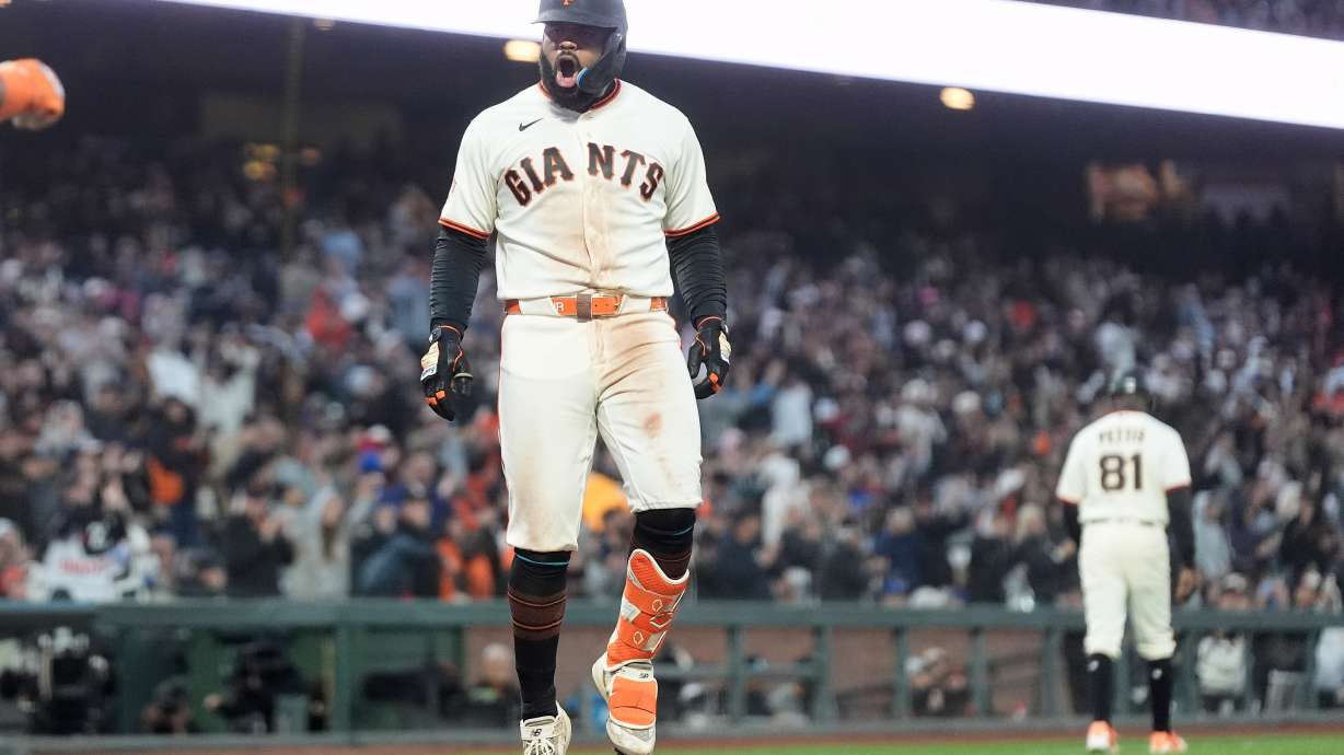 San Francisco Giants' Heliot Ramos reacts after hitting a three-run home during the sixth inning of a baseball game against the Toronto Blue Jays Monday, July 6, 2026, in San Francisco.