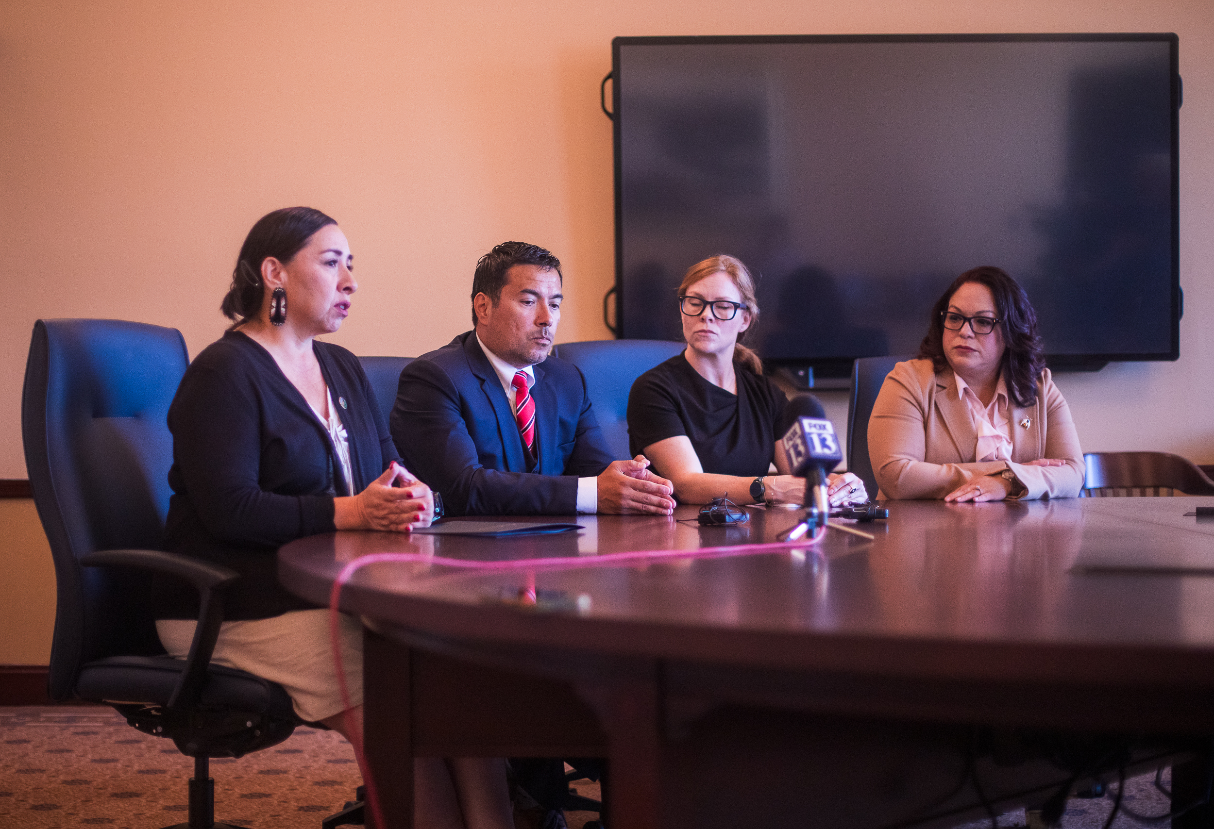 From left to right: House Minority Leader Angela Romero, D-Salt Lake City, researchers Daniel Mendoza and Dr. Marie Heffernan, and Senate Minority Leader Luz Escamilla, D-Salt Lake City, speak about a new air quality collaboration and study inside the Utah Capitol on Friday.