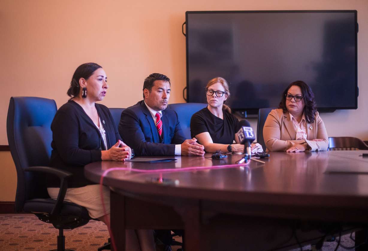 From left to right: House Minority Leader Angela Romero, D-Salt Lake City, researchers Daniel Mendoza and Dr. Marie Heffernan, and Senate Minority Leader Luz Escamilla, D-Salt Lake City, speak about a new air quality collaboration and study inside the Utah Capitol on Friday.