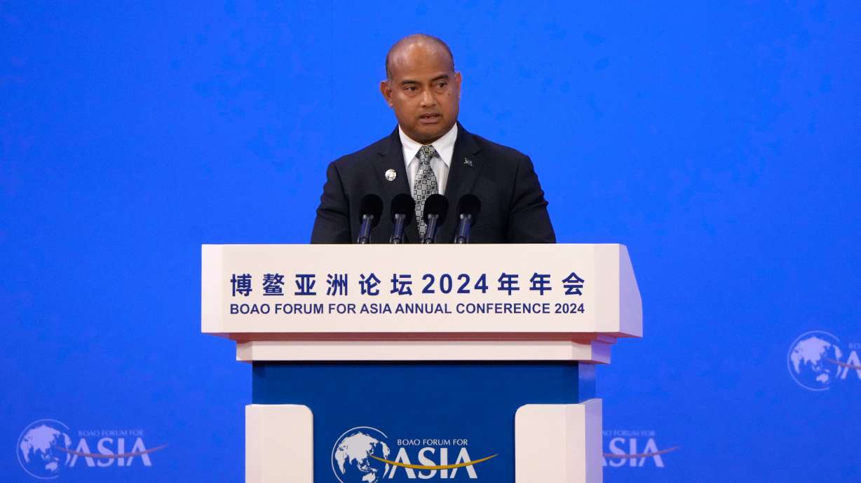 Nauru President David Adeang speaks at the opening ceremony of Boao Forum of Asia, in Boao in southern China's Hainan province on Thursday, March 28, 2024. The Pacific Island country of Nauru has changed its name to the Republic of Naoero, its president said, matching the spelling and pronunciation in the national language.