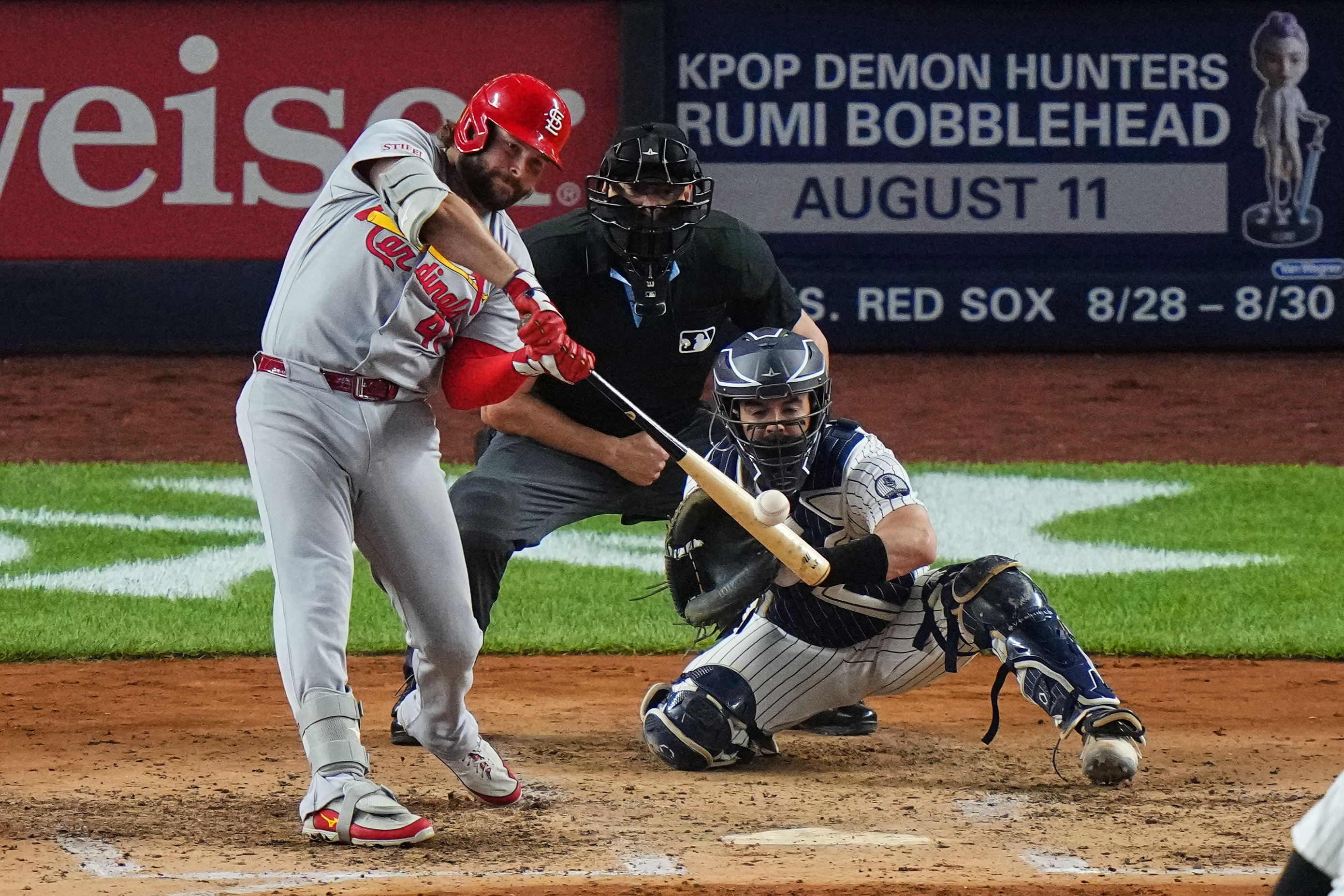 St. Louis Cardinals' Alec Burleson hits a two-run home run during the fourth inning of a baseball game against the New York Yankees Monday, Aug. 3, 2026, in New York. 