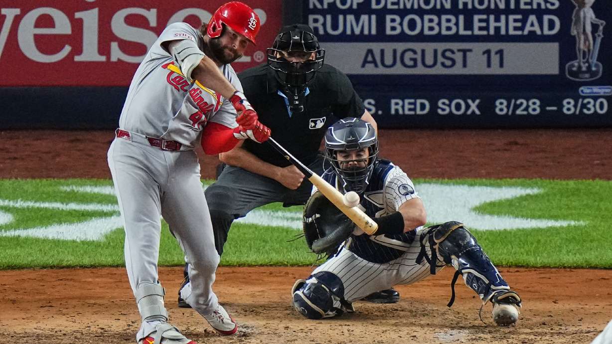 St. Louis Cardinals' Alec Burleson hits a two-run home run during the fourth inning of a baseball game against the New York Yankees Monday, Aug. 3, 2026, in New York.