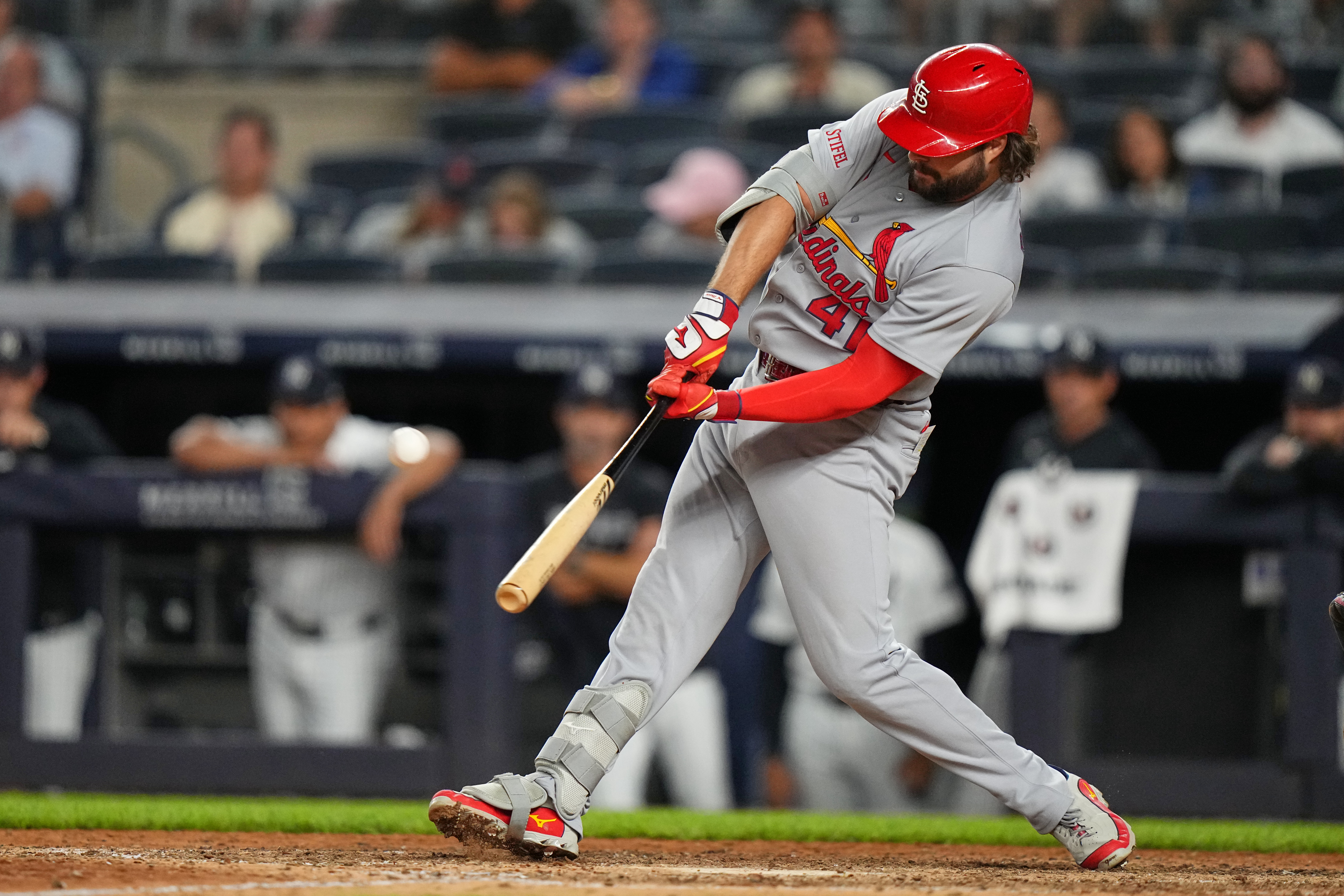 St. Louis Cardinals' Alec Burleson (41) hits a two-run home run during the eighth inning of a baseball game against the New York Yankees Monday, Aug. 3, 2026, in New York. 