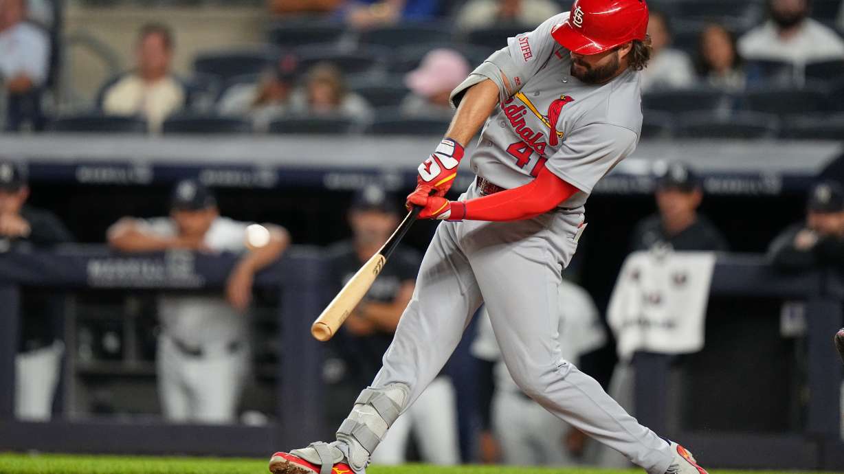 St. Louis Cardinals' Alec Burleson (41) hits a two-run home run during the eighth inning of a baseball game against the New York Yankees Monday, Aug. 3, 2026, in New York.