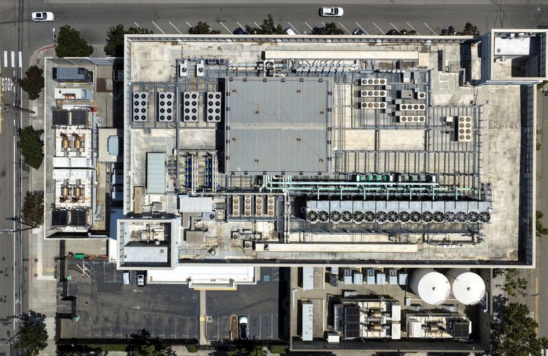 A drone view of the cooling system on the roof of the Digital Realty data center in Oakland, California, July 18.