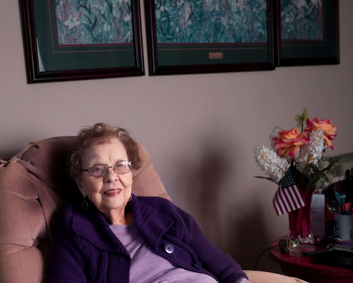 Nell “Mickey” Stevenson Bright, the last living WASP pilot, is pictured in her home in Salt Lake City on July 15. Bright moved from Arizona to Utah 17 years ago to be closer to family.