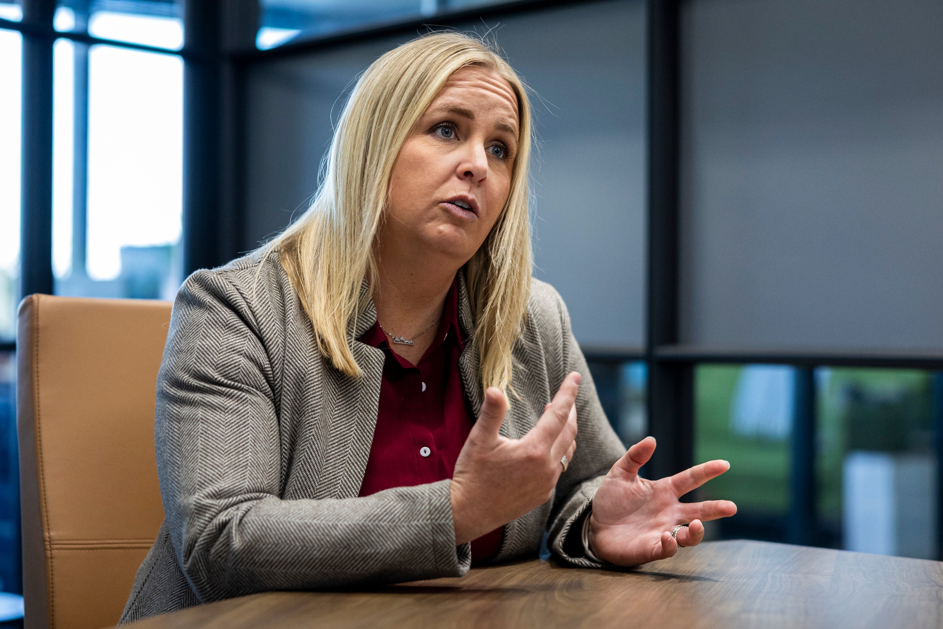 Great Salt Lake Commissioner Hannah Freeze talks with a Deseret News reporter as she’s interviewed at the Deseret News office in Salt Lake City on July 30.