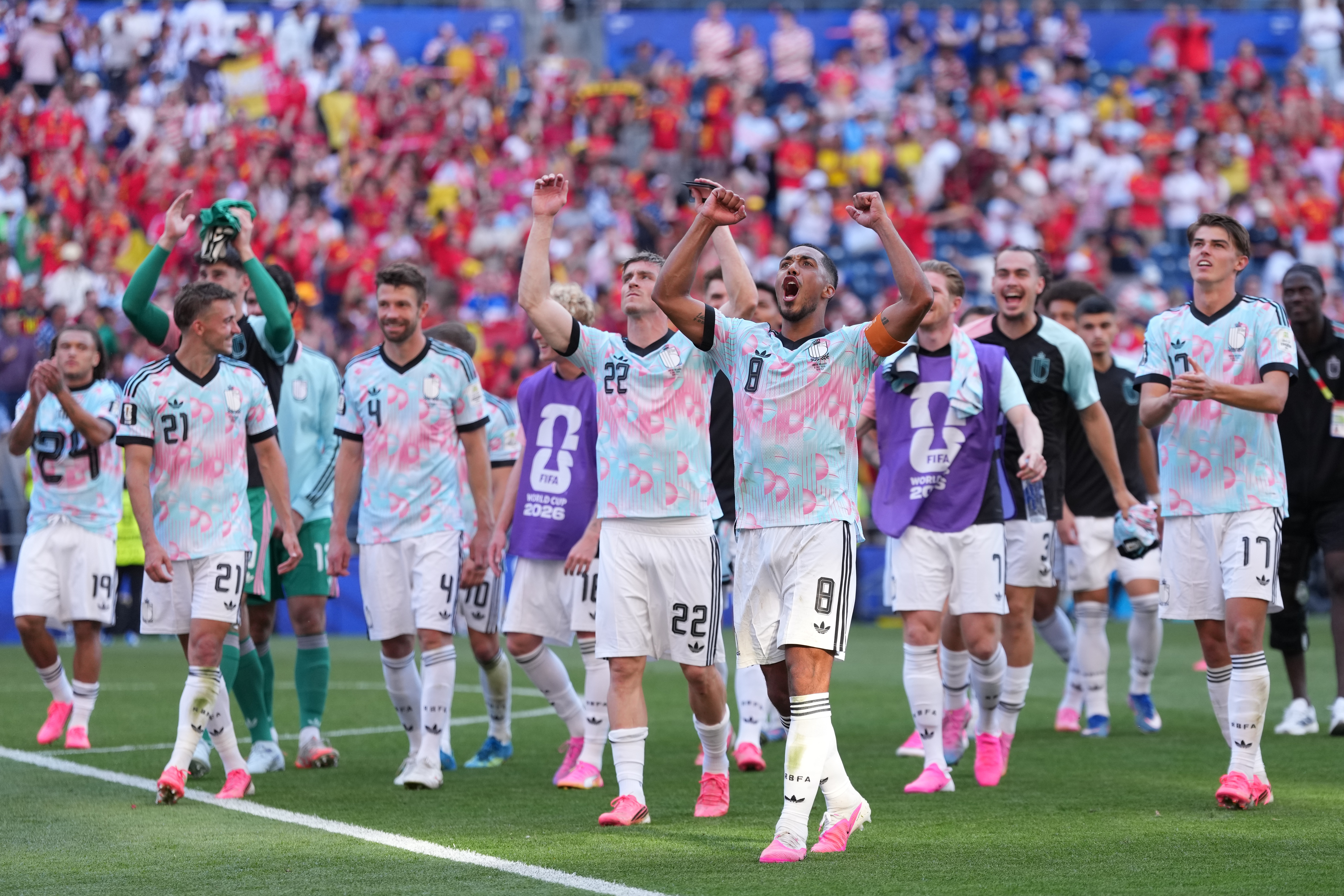 Belgium players celebrate after they won a World Cup round of 16 soccer match against the United States in Seattle, Monday, July 6, 2026. 
