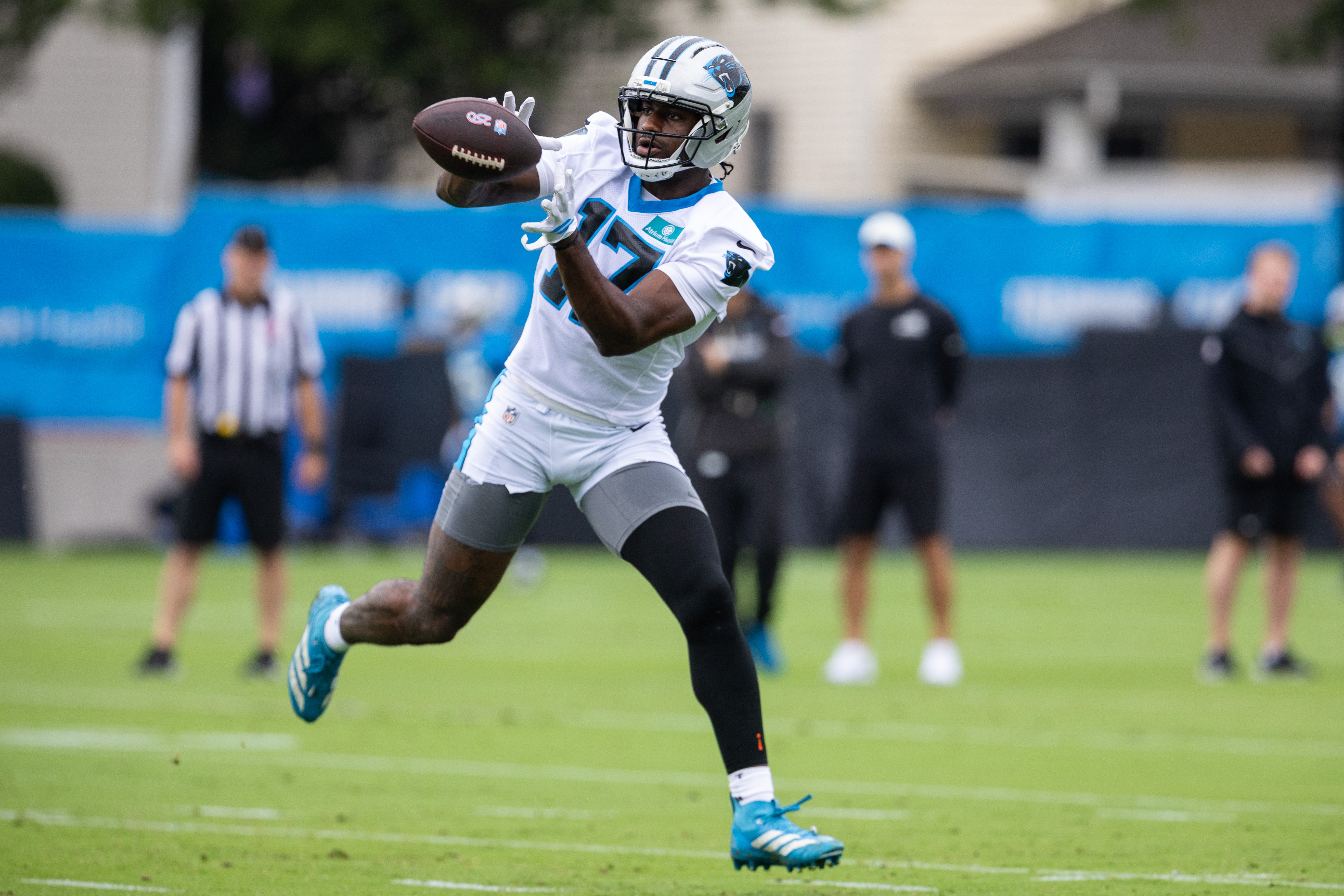 Carolina Panthers wide receiver Xavier Legette (17) makes a catch during the NFL football team's training camp Thursday, July 23, 2026, in Charlotte, N.C. 
