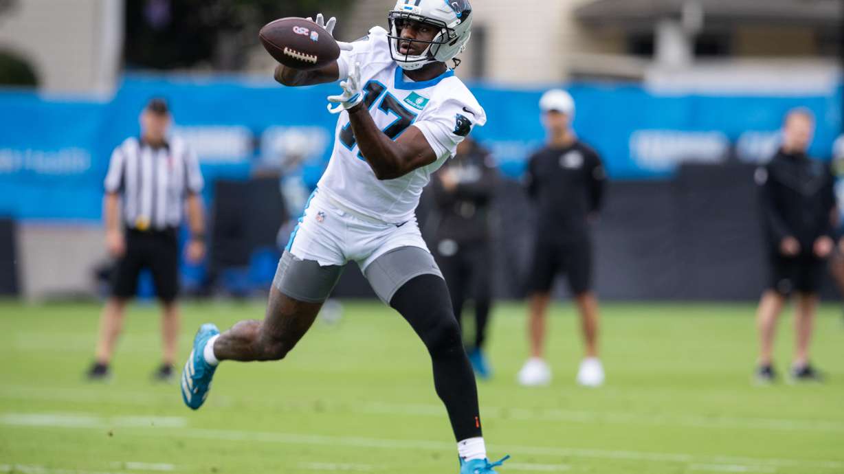 Carolina Panthers wide receiver Xavier Legette (17) makes a catch during the NFL football team's training camp Thursday, July 23, 2026, in Charlotte, N.C.