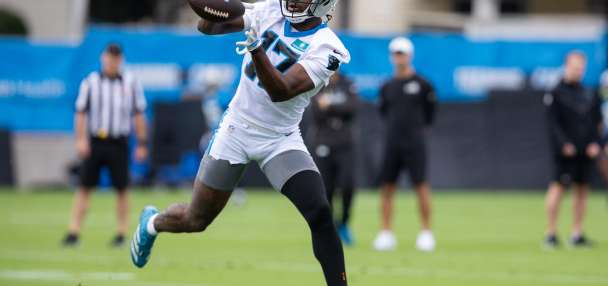 Panthers wide receiver Xavier Legette carted off the field with a stinger injury at training camp