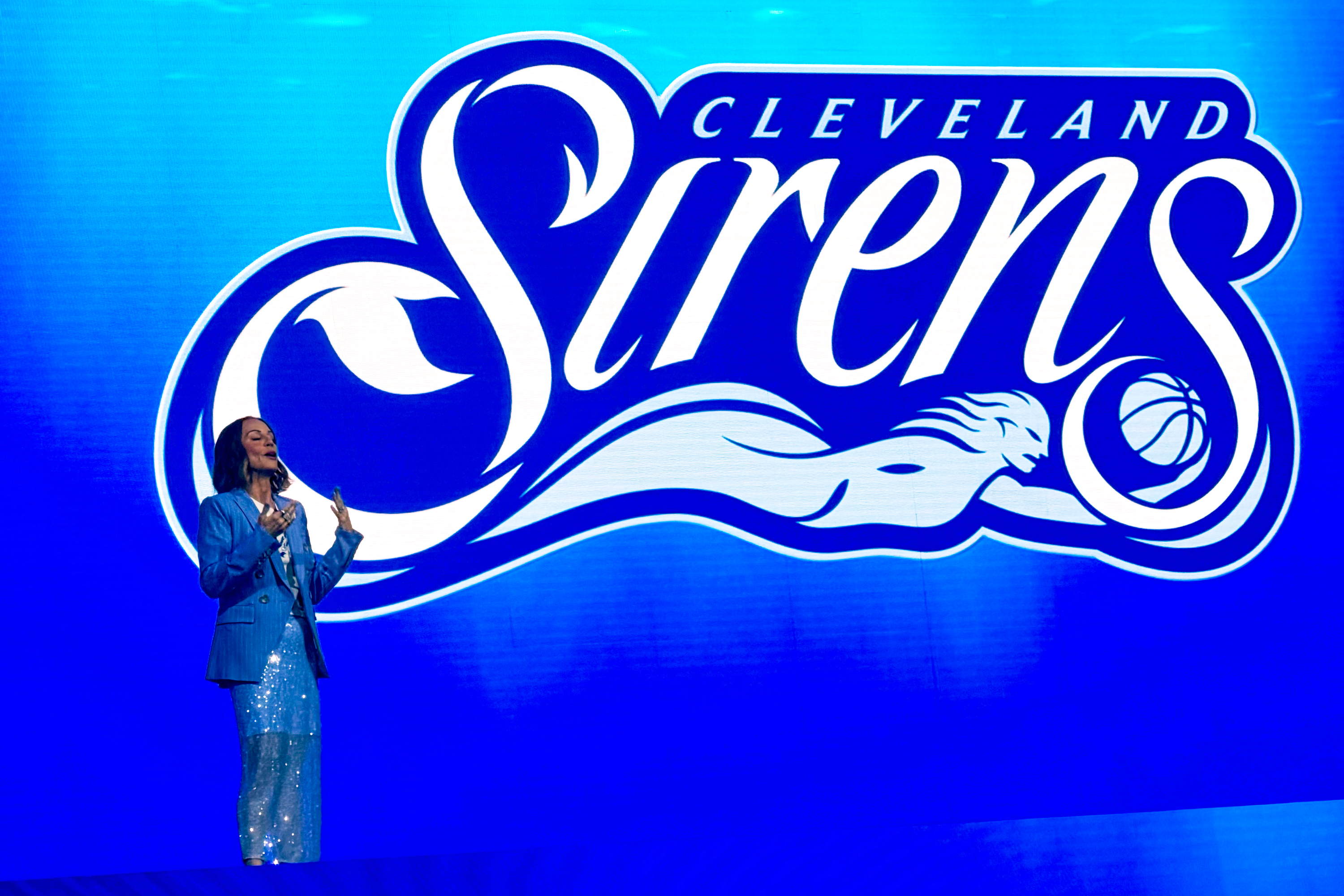 Cleveland Sirens President of Business Operations Allison Howard introduces the name of Cleveland’s WNBA franchise during an event at Rocket Arena, Tuesday, Aug. 4, 2026, in Cleveland. 