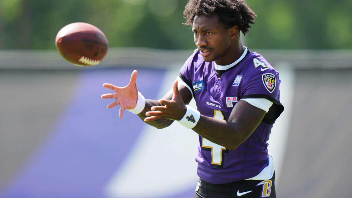 Baltimore Ravens wide receiver Zay Flowers (4) works out during practice at the team's NFL football training camp, Wednesday, July 29, 2026, at the Under Armour Performance Center in Owings Mills, Md.