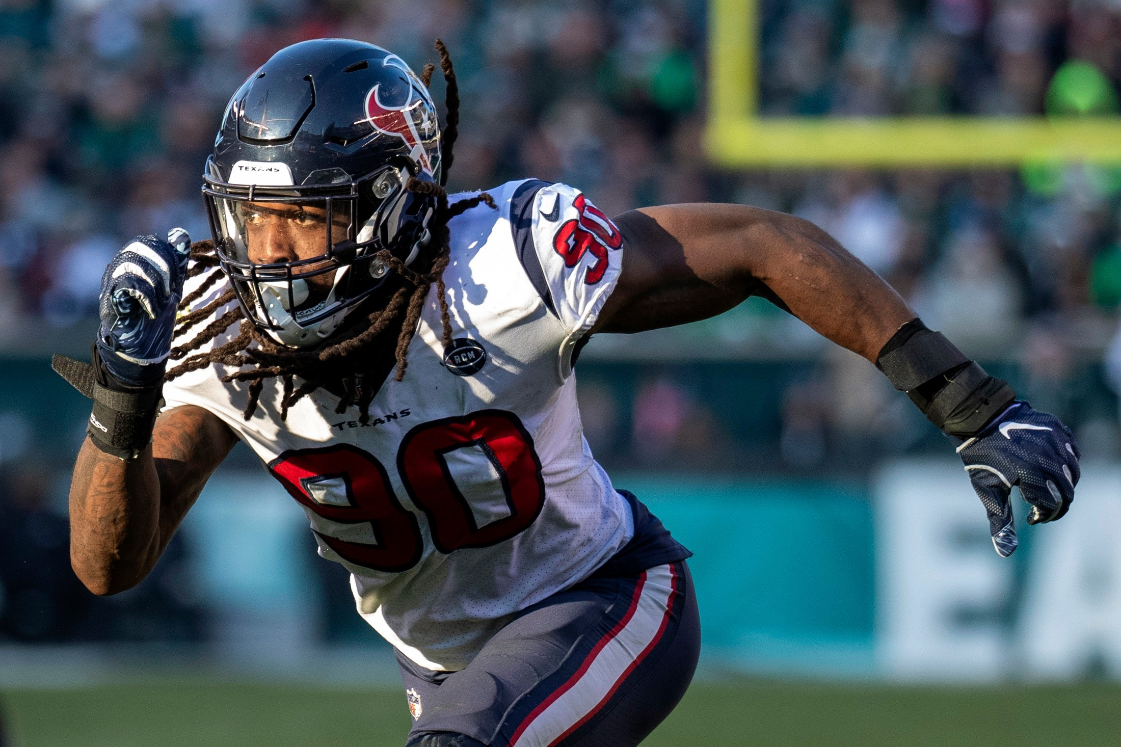FILE - Houston Texans' Jadeveon Clowney rushes during an NFL football game against the Philadelphia Eagles Dec. 23, 2018, in Philadelphia. 