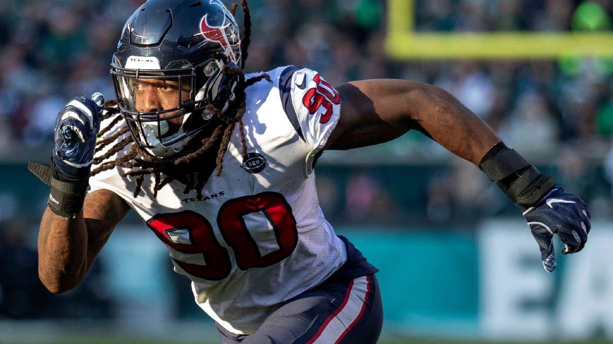 FILE - Houston Texans' Jadeveon Clowney rushes during an NFL football game against the Philadelphia Eagles Dec. 23, 2018, in Philadelphia.