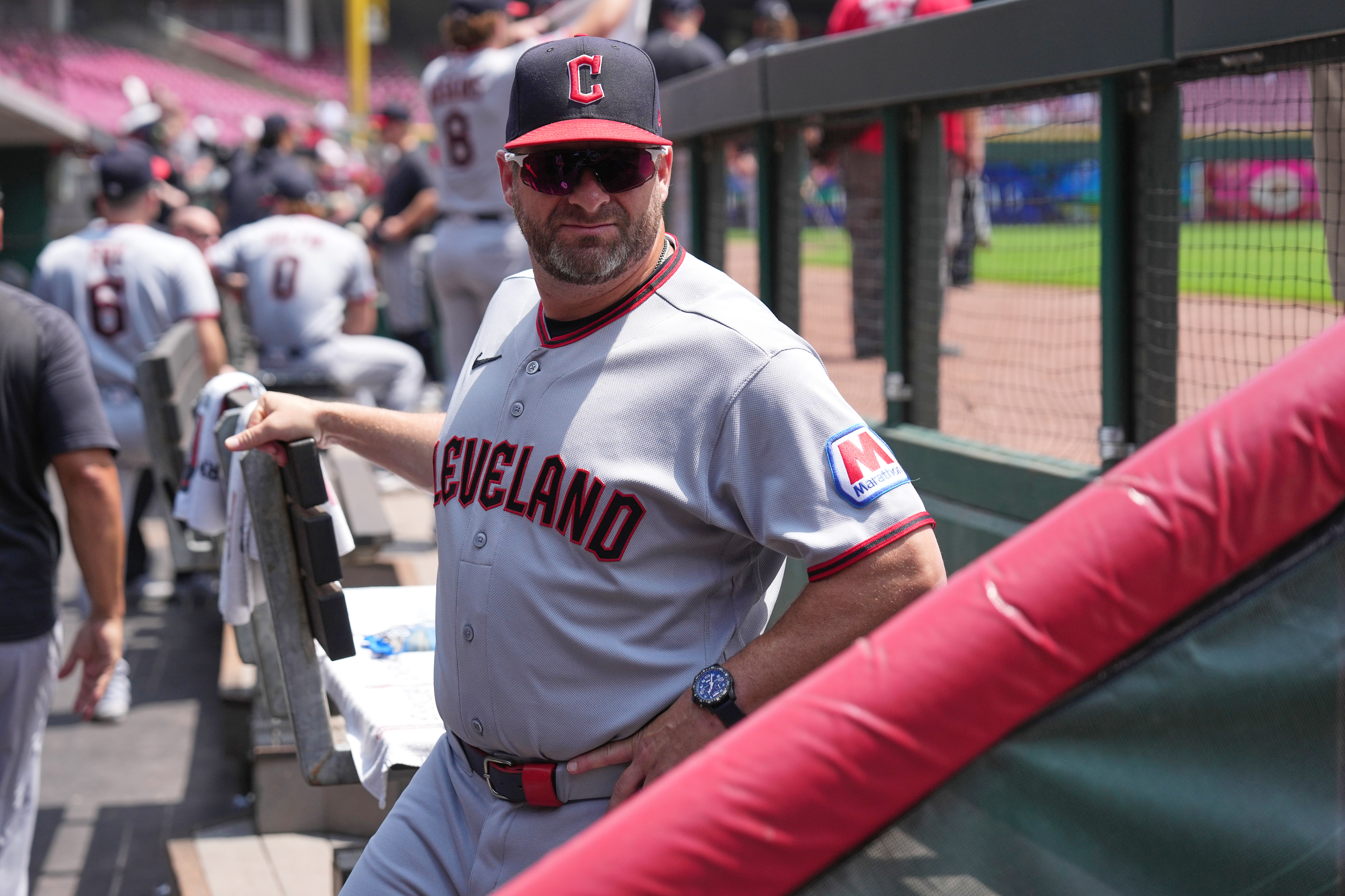 Cleveland Guardians manager Stephen Vogt stands in the dugout before the first baseball game of a doubleheader against the Cincinnati Reds, Tuesday, July 28, 2026, in Cincinnati. 