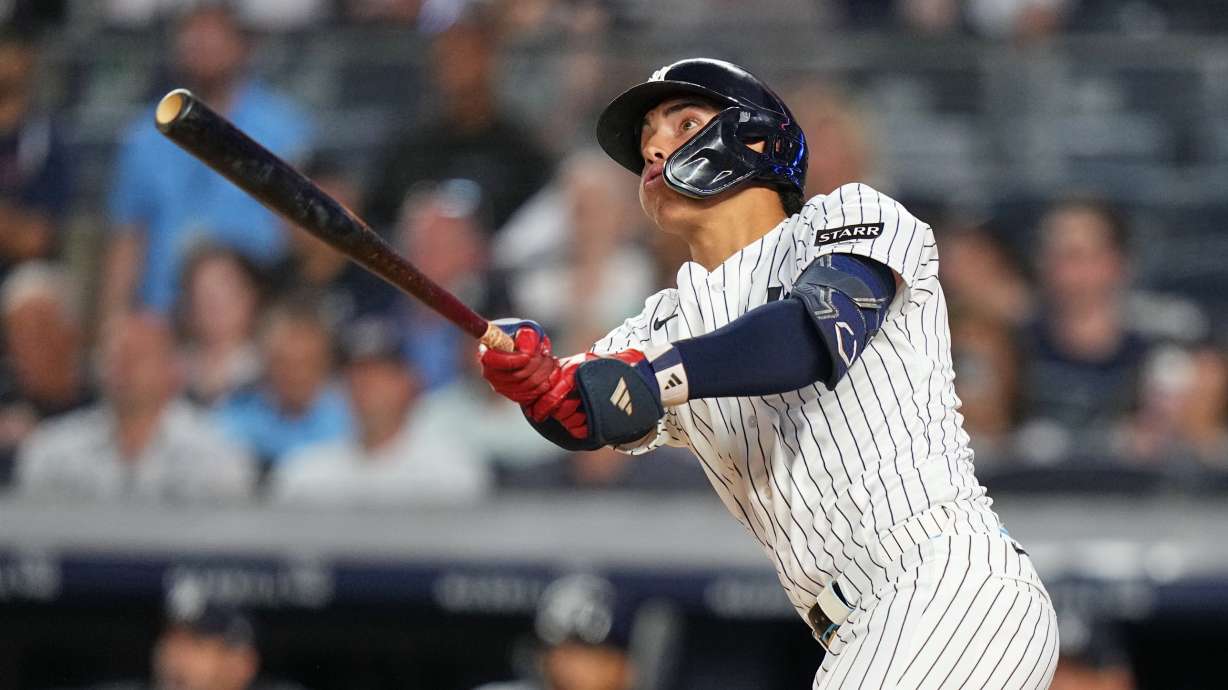 New York Yankees' George Lombard Jr. hits a home run during the fifth inning of a baseball game against the St. Louis Cardinals Tuesday, Aug. 4, 2026, in New York.