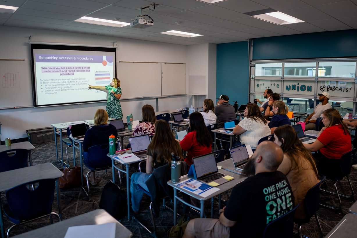 Shawnda Moss, licensing specialist and Alternate Pathway to Professional Educator License program director, trains Canyons School District teachers working on getting their teaching license as they participate in new teacher training at Union Middle School in Sandy on Tuesday. Teachers are entering the classroom at a critical point in education.