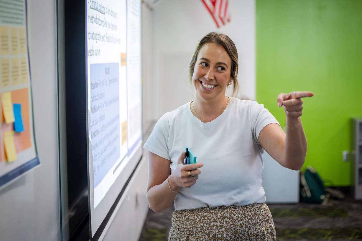 New teacher Elizabeth Cobb participates in new teacher training at Union Middle School in Sandy on Tuesday. Teachers are entering the classroom at a critical point in education.