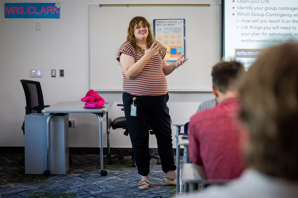 Danielle Lyons, Canyons behavior specialist in the Special Education Department, trains new teachers as they participate in new teacher training at Union Middle School in Sandy on Tuesday. Administrators say rookie teachers have a passion for teaching, which is a key quality.