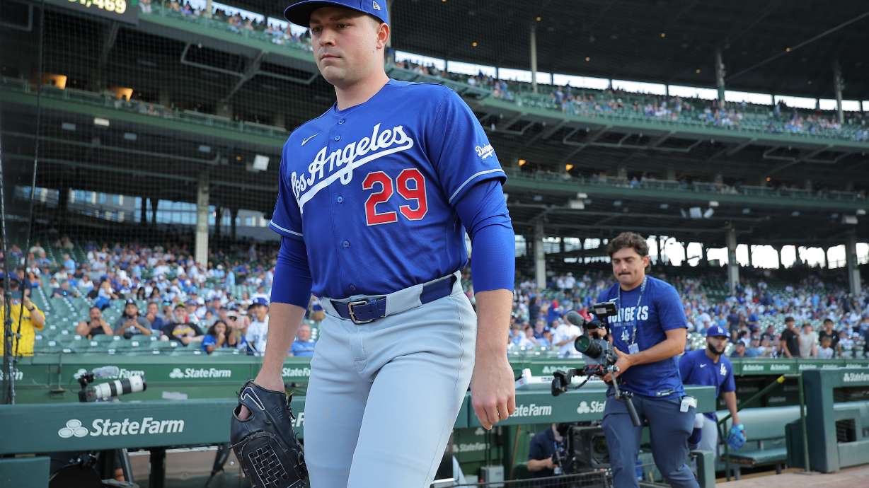 Los Angeles Dodgers starting pitcher Tarik Skubal makes his way to the bullpen prior to a baseball game against the Chicago Cubs, Tuesday, Aug. 4, 2026, in Chicago.