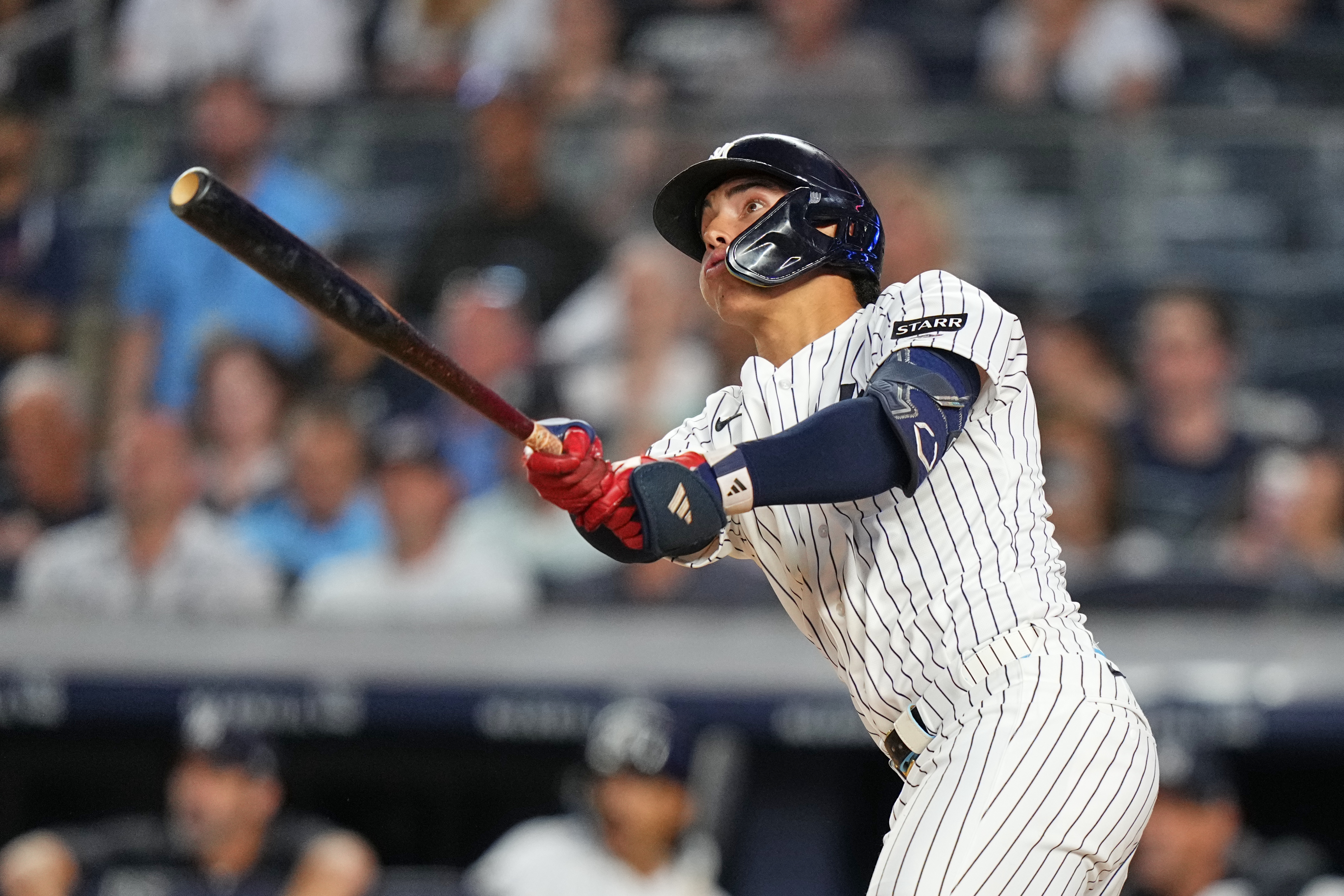 New York Yankees' George Lombard Jr. hits a home run during the fifth inning of a baseball game against the St. Louis Cardinals Tuesday, Aug. 4, 2026, in New York. 