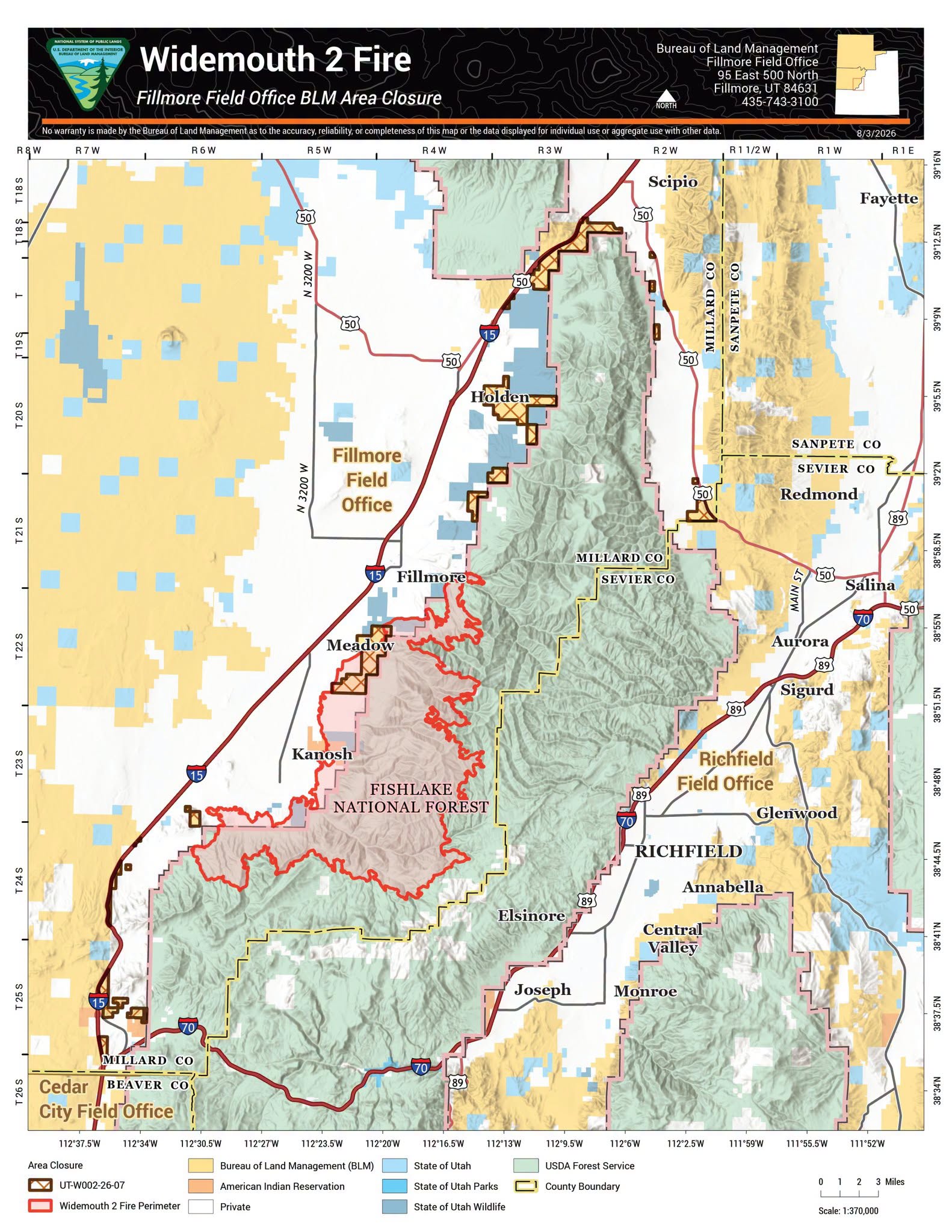 This map shows the Widemouth 2 Fire as of August 4, 2026. Areas surrounding the fire have been closed by the Bureau of Land Management.