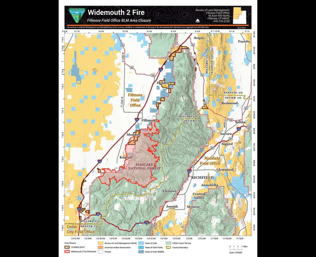 This map shows the Widemouth 2 Fire as of August 4, 2026. Areas surrounding the fire have been closed by the Bureau of Land Management.