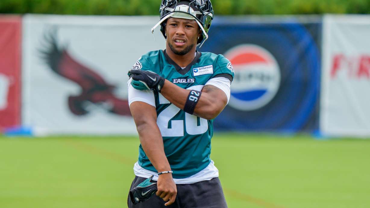 Philadelphia Eagles running back Saquon Barkley (26) looks on during practice at the team's NFL football training camp in Philadelphia, Thursday, July 30, 2026.