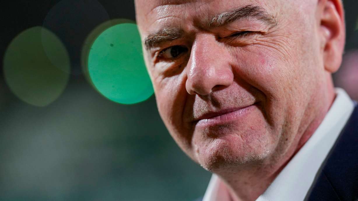 FILE - FIFA President Gianni Infantino looks on during the women's Premier League match between Al Ahli FC and Al Ittihad FC at the Al- Ahli Club stadium in Jeddah, Saudi Arabia, Thursday, Dec 14, 2023.