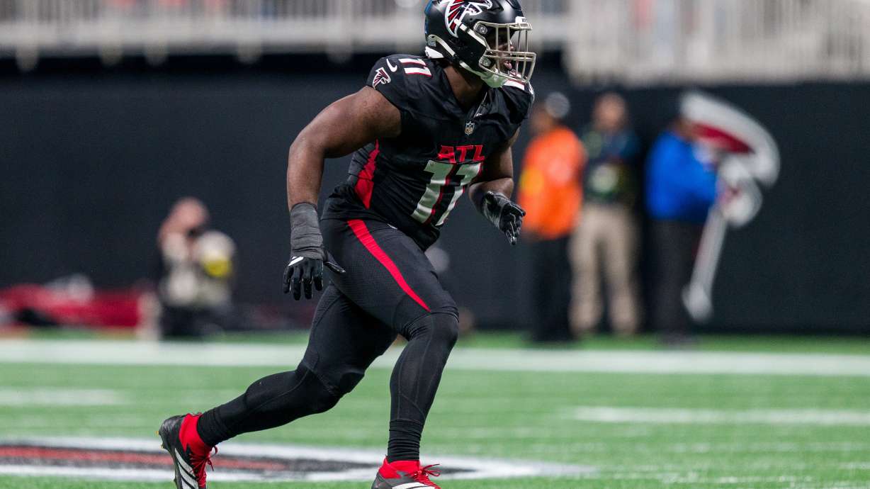 File- Atlanta Falcons linebacker Jalon Walker (11) works during the first half of an NFL football game against the New Orleans Saints, Sunday, Jan. 4, 2026, in Atlanta.