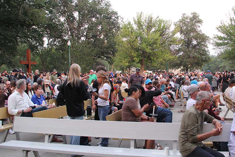 The crowd at the memorial for the victims of the In-N-Out shooting at the Twin Falls City Park in Idaho, Tuesday. City Councilman Grayson Stone was the only speaker at the vigil.