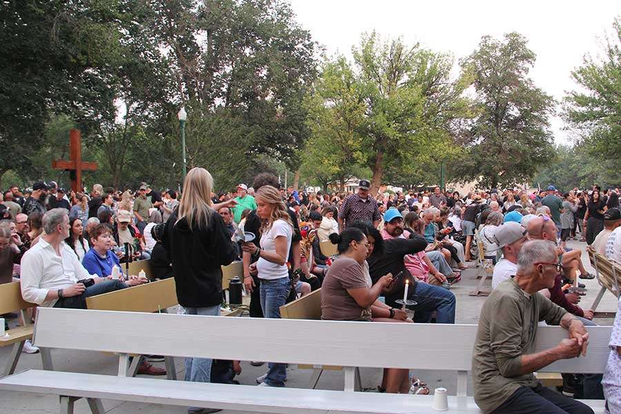 The crowd at the memorial for the victims of the In-N-Out shooting at the Twin Falls City Park in Idaho, Tuesday. City Councilman Grayson Stone was the only speaker at the vigil.