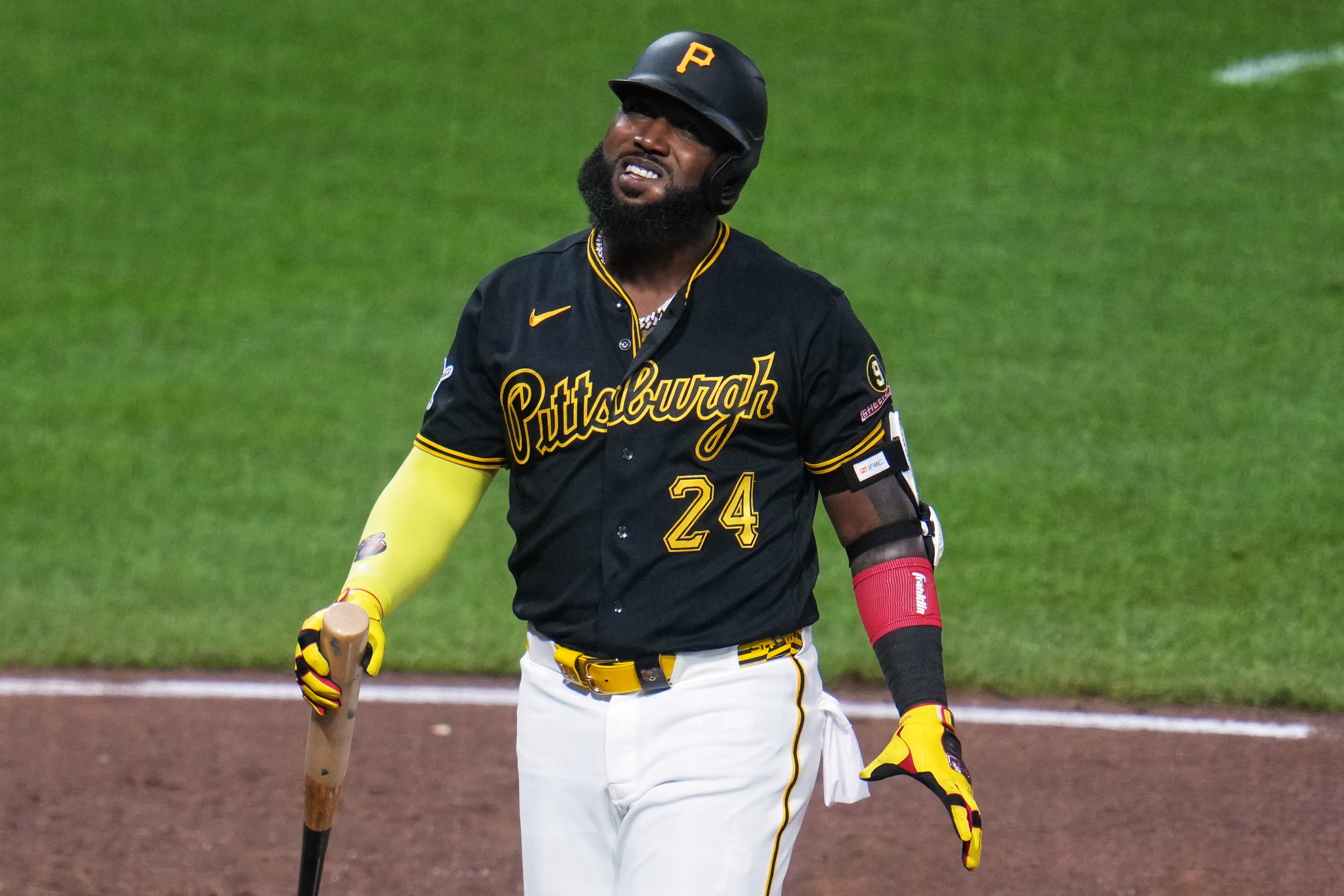 Pittsburgh Pirates' Marcell Ozuna collects himself after fouling off a pitch from Atlanta Braves pitcher Raisel Iglesias during the ninth inning of a baseball game in Pittsburgh, Wednesday, July 8, 2026. 