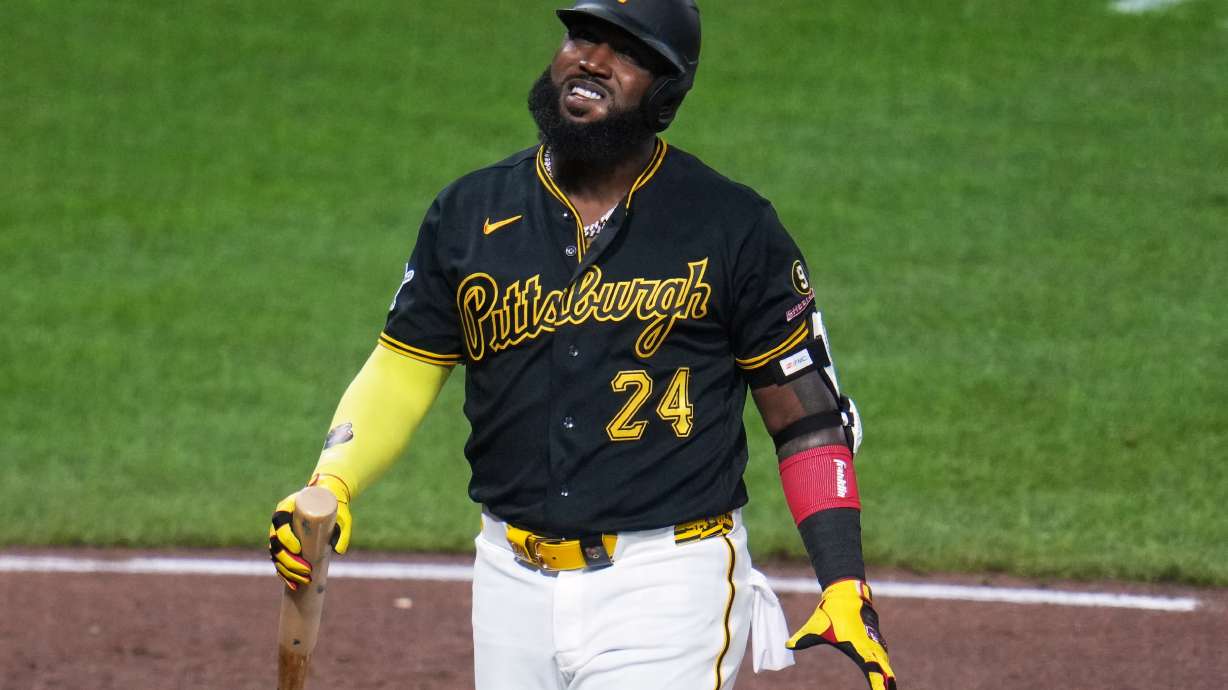 Pittsburgh Pirates' Marcell Ozuna collects himself after fouling off a pitch from Atlanta Braves pitcher Raisel Iglesias during the ninth inning of a baseball game in Pittsburgh, Wednesday, July 8, 2026.