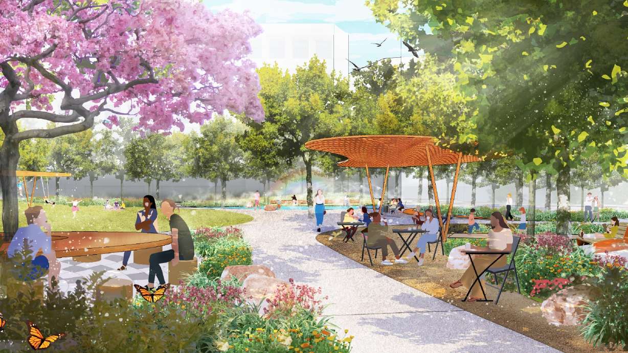 A rendering of what Salt Lake City wants to do with a 2.4-acre open space within its Fleet Block area. The city's public lands department unveiled its plans for the space on Wednesday.