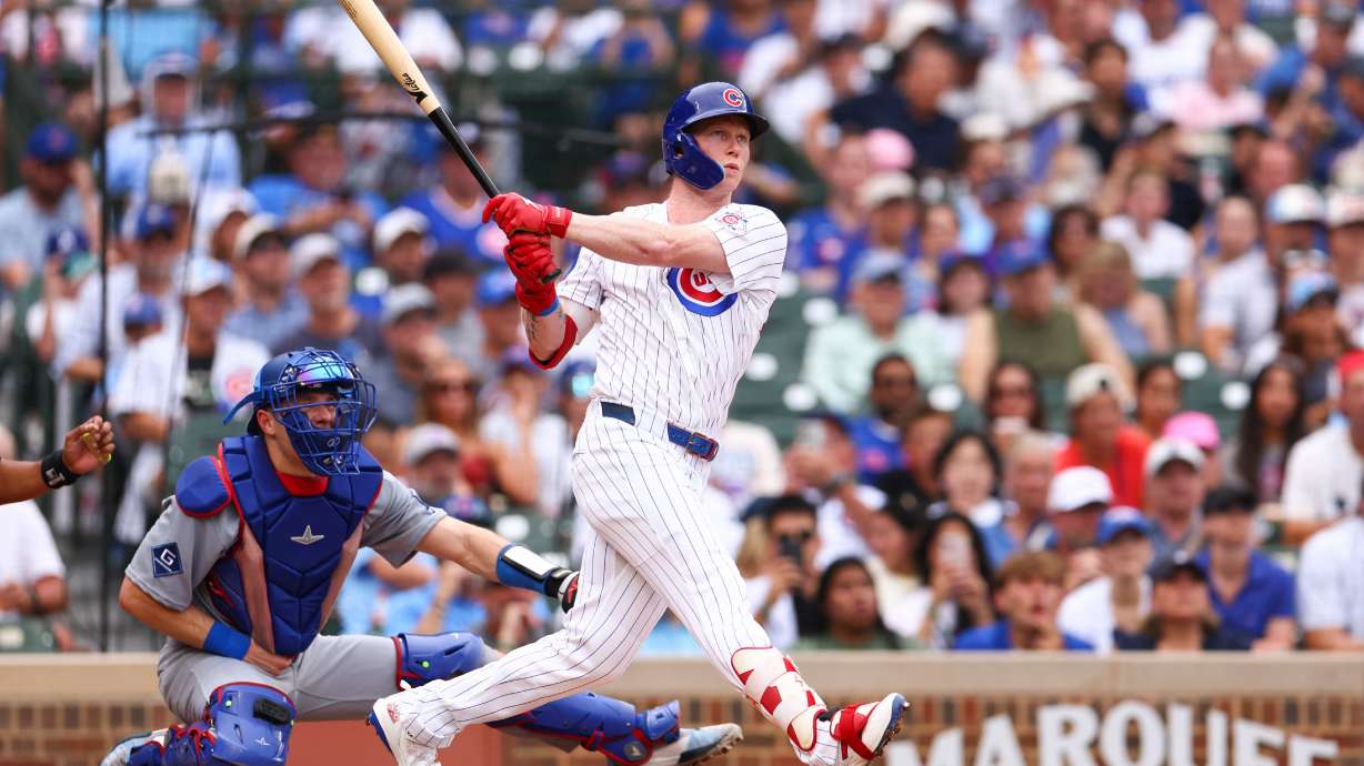 Chicago Cubs designated hitter Pete Crow-Armstrong follows through on an RBI double during the second inning of a baseball game against the Los Angeles Dodgers in Chicago, Wednesday, Aug. 5, 2026.