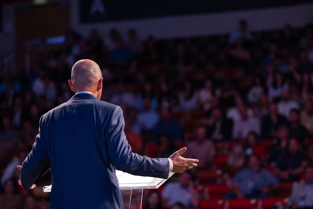 Gov. Spencer Cox speaks Tuesday at the One Utah Summit at Southern Utah University in Cedar City.
