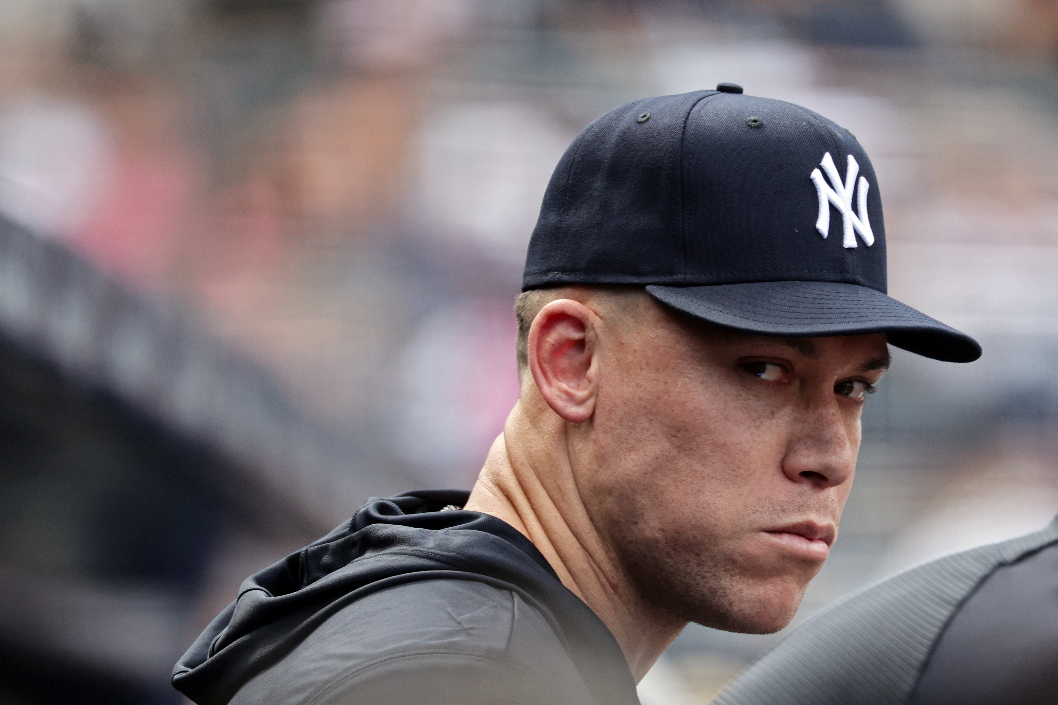 New York Yankees' Aaron Judge looks on in the ninth inning during the first baseball game of a doubleheader against the Pittsburgh Pirates, Wednesday, July 22, 2026, in New York. 