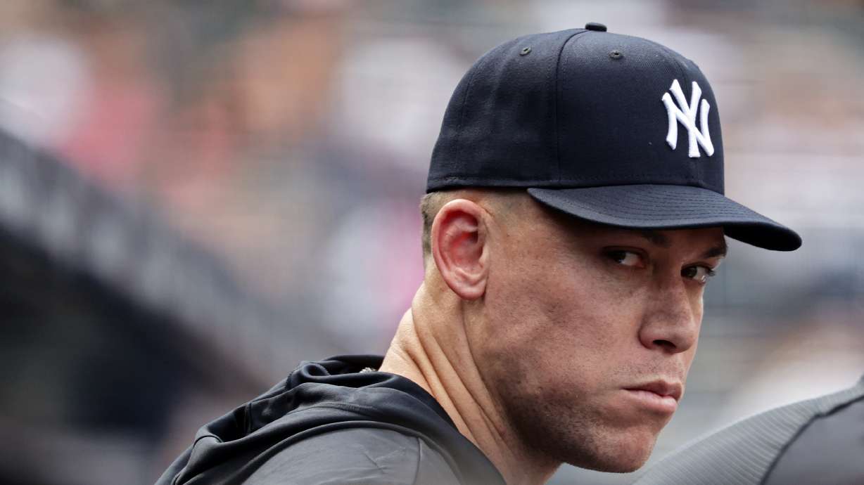 New York Yankees' Aaron Judge looks on in the ninth inning during the first baseball game of a doubleheader against the Pittsburgh Pirates, Wednesday, July 22, 2026, in New York.