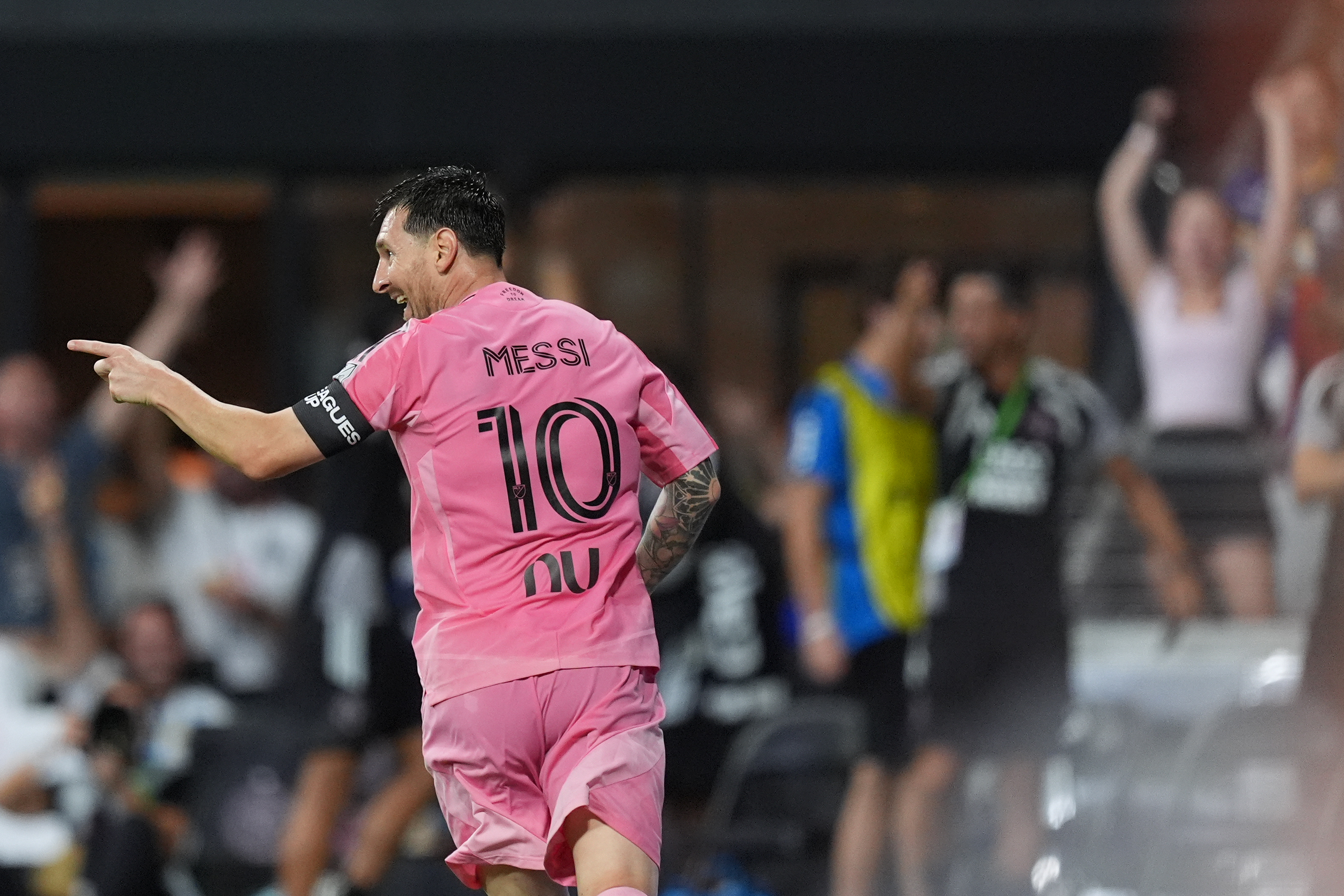 Inter Miami forward Lionel Messi (10) celebrates after scoring his side's third goal during the first half of a Leagues Cup soccer match against Atletico de San Luis, Wednesday, Aug. 5, 2026, in Miami. 
