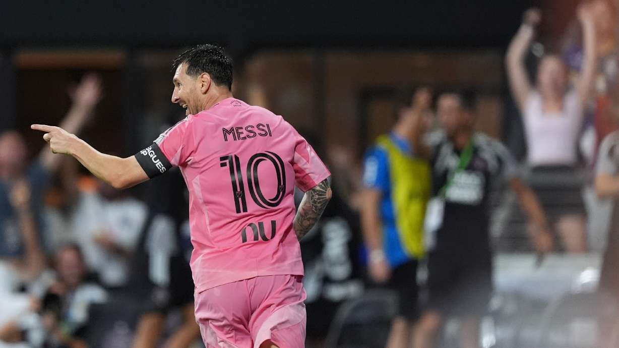 Inter Miami forward Lionel Messi (10) celebrates after scoring his side's third goal during the first half of a Leagues Cup soccer match against Atletico de San Luis, Wednesday, Aug. 5, 2026, in Miami.