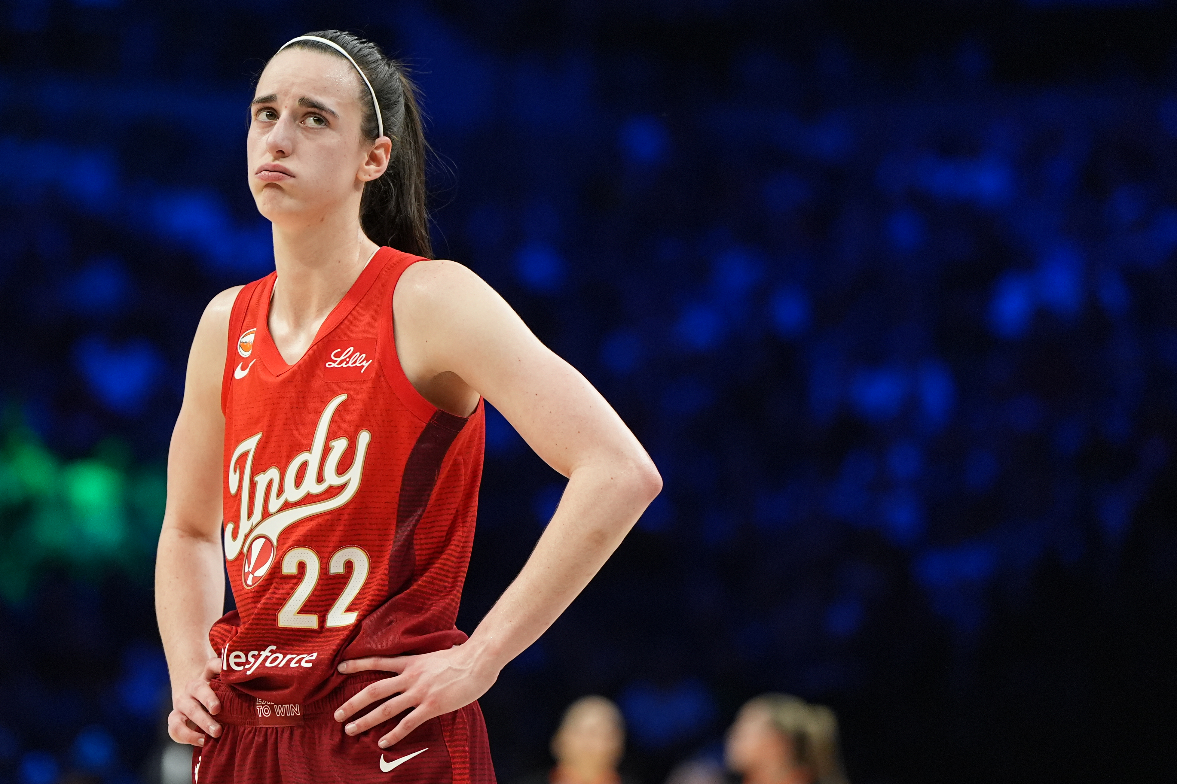 Indiana Fever guard Caitlin Clark reacts during the second half of a WNBA basketball game against the Minnesota Lynx, Sunday, Aug. 2, 2026, in Minneapolis. 