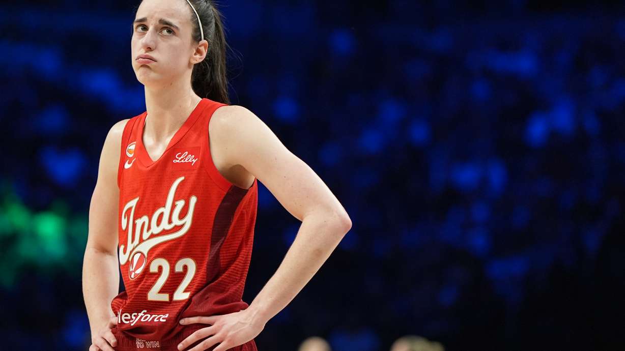 Indiana Fever guard Caitlin Clark reacts during the second half of a WNBA basketball game against the Minnesota Lynx, Sunday, Aug. 2, 2026, in Minneapolis.